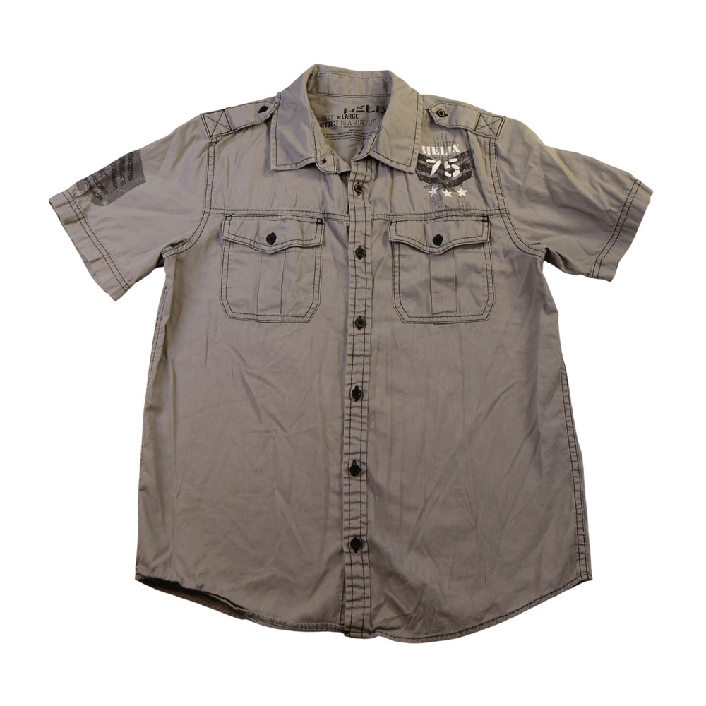 Helix Mens XL Shirt Gray Short Sleeve Military Graphic Epaulettes EHXR441503